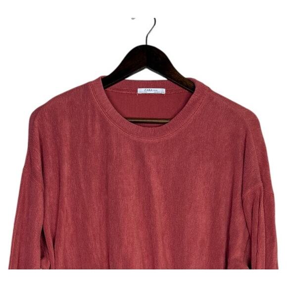 Zara Ruffle Gathered Top Elastic Waist Long Sleeve Stretch Sweater M Coral Pink - Picture 4 of 15